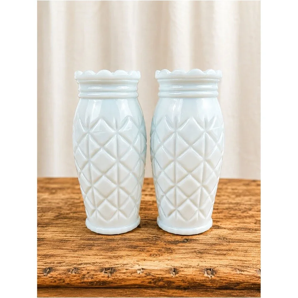 Vintage 1960s Light Blue Milk Glass Vases Pair Diamond Pattern Scalloped Rim MCM